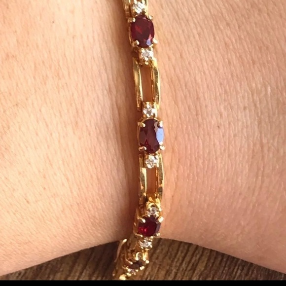 Gold over sterling 925 genuine diamond and garnet tennis bracelet. Like new. - Picture 13 of 13